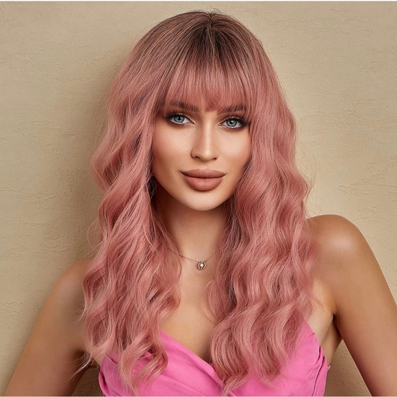 - 22 inch human hair blend pink with dark root curly wave wig